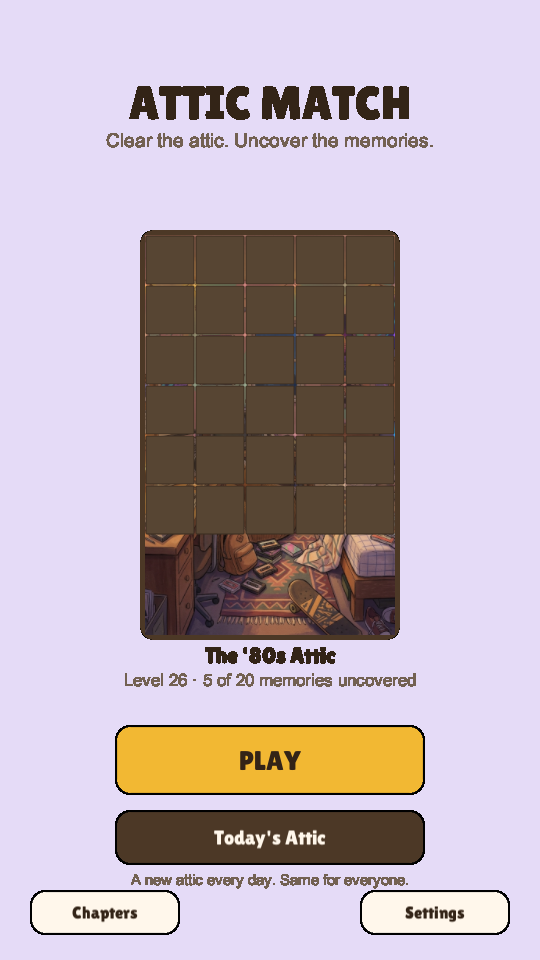 Home screen with the 80s room partly uncovered